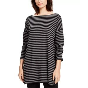 Eileen Fisher Striped Tunic Top Black Gray Long Sleeves Boat Neckline Size M